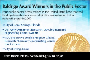 Baldrige Award Winners in the Public Sector. Four public-sector organizations in the United States have received Baldrige Awards since award eligibility was extended to the nonprofit sector in 2007; City of Coral Springs, Florida, U.S. Army Armament Research, Development and Engineering Center (ARDEC), VA Cooperative Studies Program Clinical Research Pharmacy Coordinating Center (the Center), and the City of Irving, Texas. Learn more: https://www.nist.gov/baldrige.